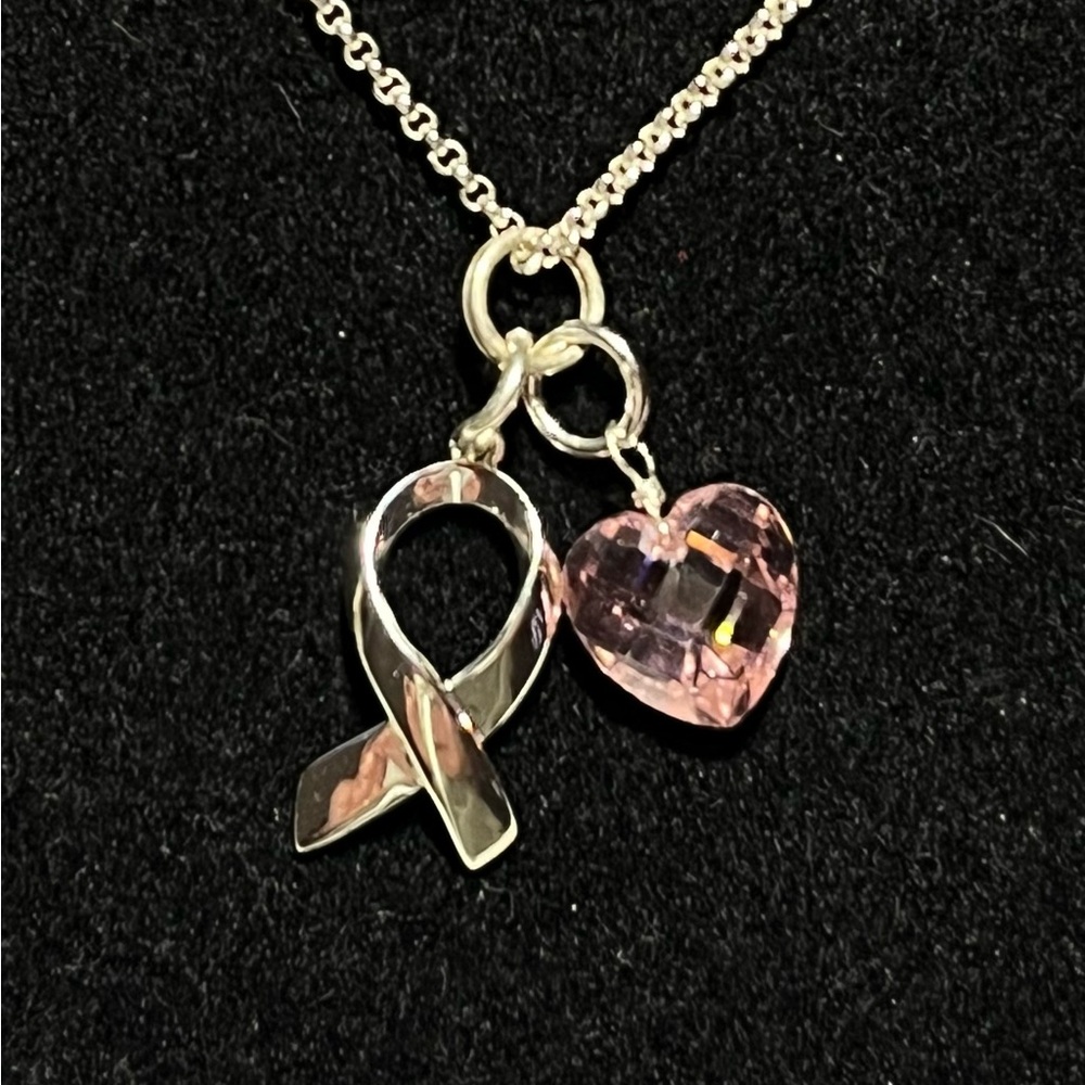 Silver and Pink Heart, Ribbon Pendant with chain.